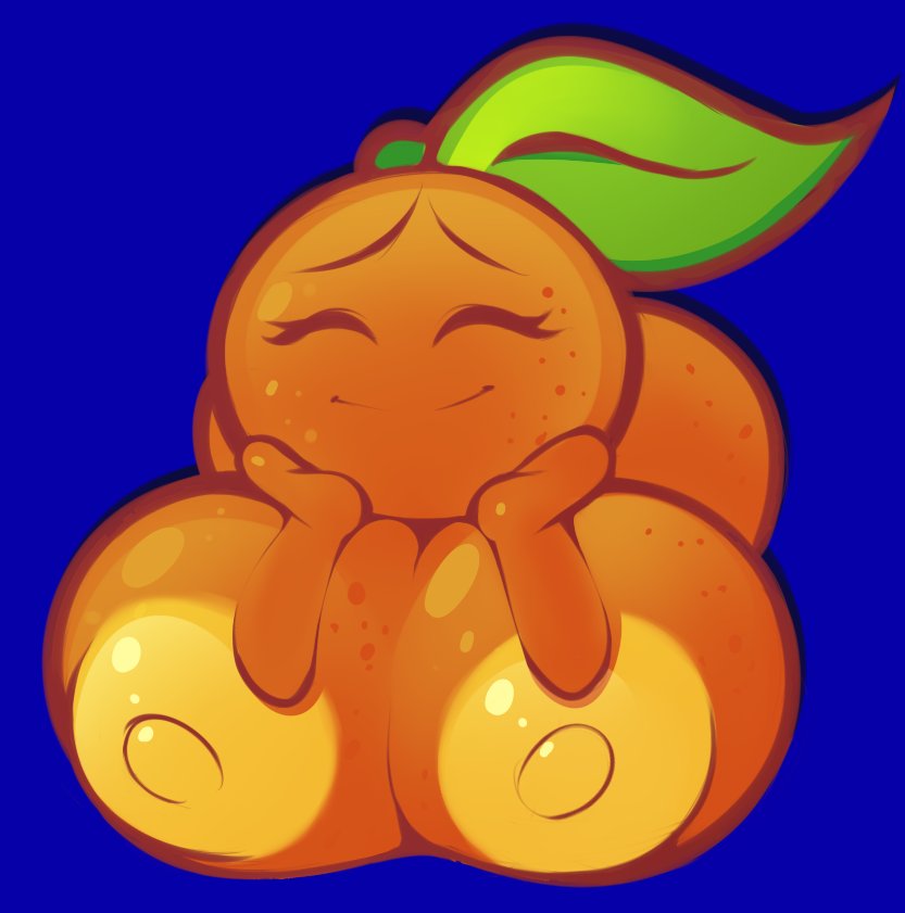 big_breasts breasts eyes_closed female flora_fauna food food_creature fruit mystical nipples not_furry orange_(fruit) plant smile solo yellow_nipples