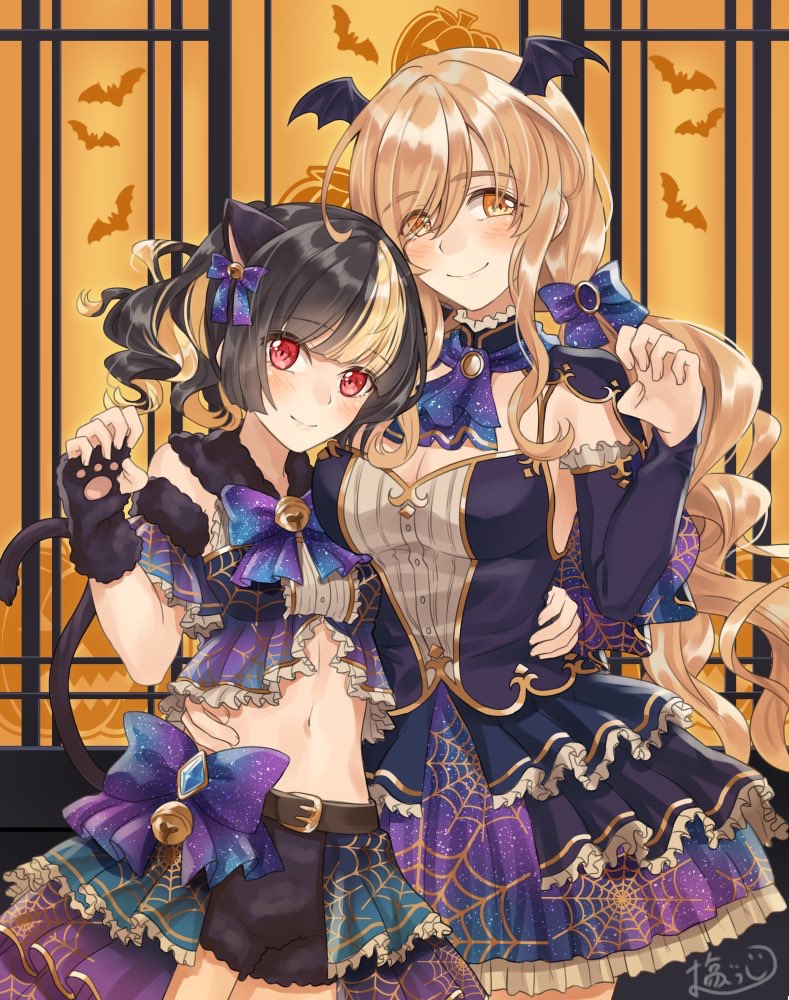 animal_ears bat bat_hair_ornament bat_wings bell belt blonde_hair blush bow breasts cat_ears cat_tail claw_pose cleavage closed_mouth commentary_request dress extra_ears eyebrows_visible_through_hair eyes_visible_through_hair fatal_twelve fingerless_gloves fur-trimmed_collar fur-trimmed_gloves fur_trim gem gloves hair_ornament hair_ribbon halloween hand_on_another's_back jewelry large_breasts long_hair looking_at_viewer matsusatoru_kouji midriff mishima_miharu multicolored_hair multiple_girls navel nyan print_dress pumpkin red_eyes ribbon shishimai_rinka short_hair short_sleeves skirt small_breasts smile spider_web_print tail two-tone_hair wings yellow_eyes yuri
