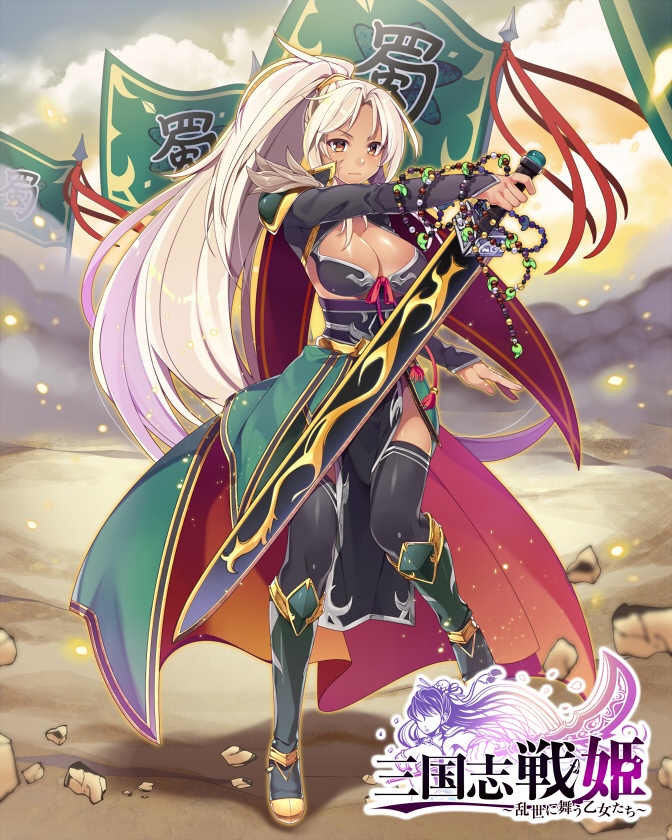 :| azma_(mitch55) black_legwear boots breasts brown_eyes cleavage closed_mouth cloud dark_skin day flag high_ponytail holding holding_sword holding_weapon jewelry knee_boots large_breasts long_sleeves looking_at_viewer official_art outdoors sangokushi_senhime standing sword thighhighs watermark weapon white_hair
