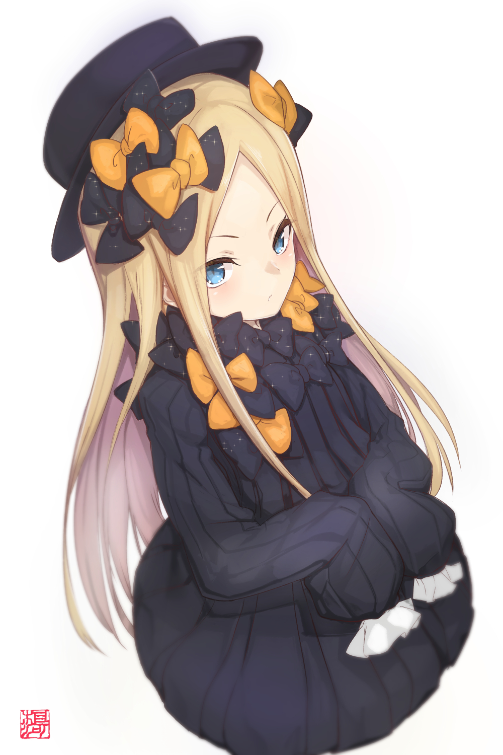 abigail_williams_(fate/grand_order) bangs black_bow black_dress black_hat blonde_hair blue_eyes bow dress fate/grand_order fate_(series) goemon1110 hair_bow hat highres long_dress long_hair looking_at_viewer orange_bow parted_bangs simple_background sleeves_past_wrists solo standing striped vertical-striped_dress vertical_stripes very_long_hair white_background