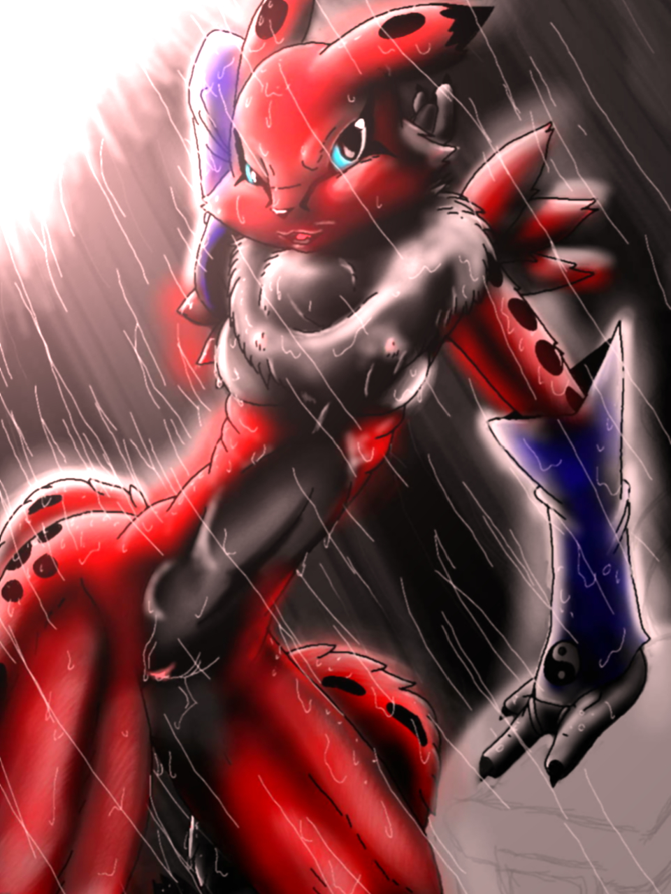 anthro blue_eyes breasts canine clothing digimon female fox gloves invalid_color mammal pussy raining renamon solo spots wet