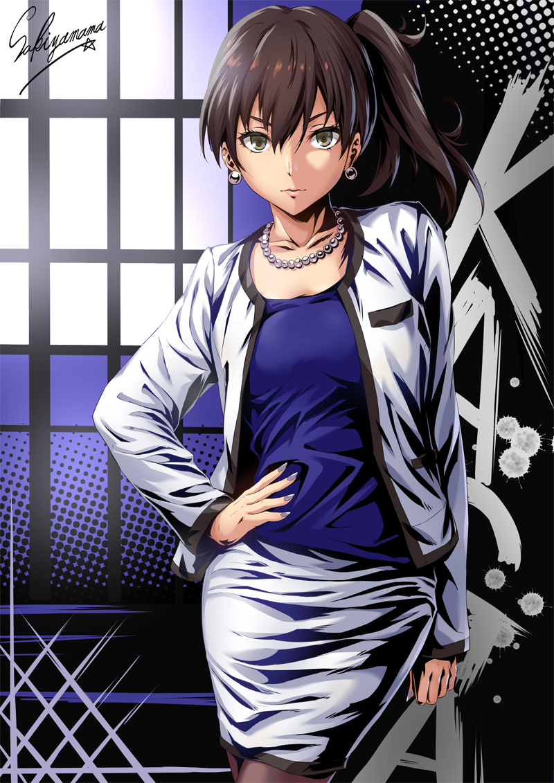 alternate_costume blouse breast_pocket breasts brown_eyes brown_hair character_name closed_mouth collarbone earrings expressionless fingernails hair_between_eyes hand_on_hip indoors jacket jewelry kaga_(kantai_collection) kantai_collection long_hair long_sleeves looking_at_viewer medium_breasts nail_polish necklace pantyhose pearl_necklace pencil_skirt pocket purple_blouse purple_nails sakiyamama side_ponytail skirt solo twitter_username white_jacket white_skirt