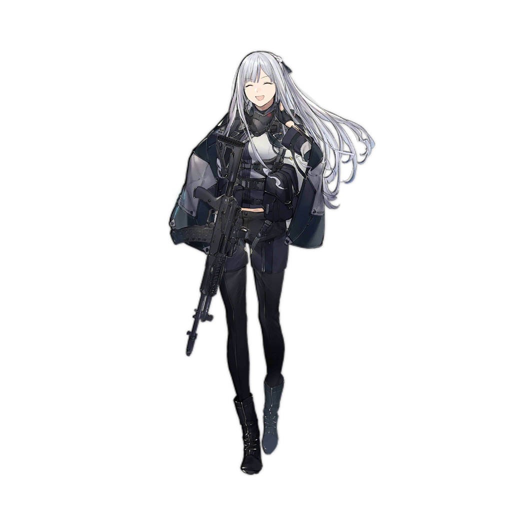 ak-12_(girls_frontline) ankle_boots assault_rifle bag bangs belt black_footwear black_gloves black_jacket black_pants boots braid breasts brown_background closed_eyes collar copyright_name duoyuanjun facing_viewer french_braid full_body girls_frontline gloves gradient gradient_background gun jacket jacket_on_shoulders long_hair long_sleeves looking_at_viewer medium_breasts official_art open_clothes open_jacket open_mouth pale_skin pants rifle shadow smile straight_hair transparent_background underbust walking weapon white_hair
