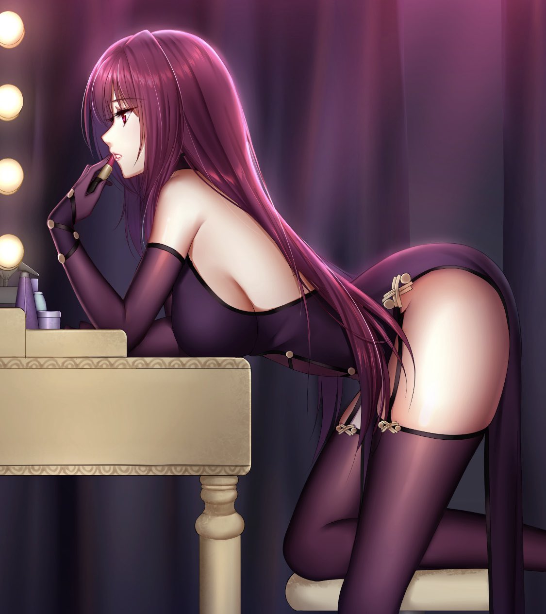 applying_makeup ass bangs bare_shoulders blush breasts desk dress elbow_gloves eyebrows_visible_through_hair fate/grand_order fate_(series) from_side garter_straps gloves hair_between_eyes highres holding knee_up large_breasts lights lipstick long_hair looking_at_mirror makeup mallizmora mirror purple_dress purple_gloves purple_hair purple_legwear red_eyes red_lipstick scathach_(fate)_(all) scathach_(fate/grand_order) solo stool thighhighs thighs tsurime very_long_hair