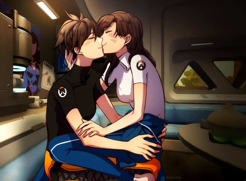 black_shirt blue_pants blush brown_hair casual closed_eyes couch d.va_(overwatch) facial_mark facing_another from_side hooreng kiss long_hair multiple_girls overwatch overwatch_(logo) pants shadow shirt short_hair sitting sitting_on_lap sitting_on_person smile table tracer_(overwatch) white_shirt yuri