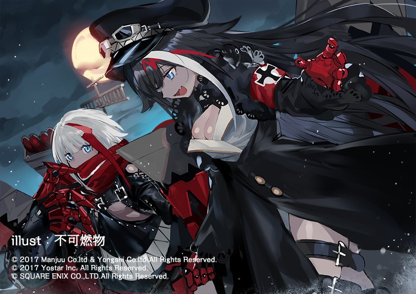 admiral_graf_spee_(azur_lane) armband azur_lane bangs black_dress black_hair black_hat black_legwear blue_eyes blunt_bangs blush breasts cannon cleavage cloud commentary_request deutschland_(azur_lane) dress eyebrows_visible_through_hair fang full_moon gloves gun hat holding holding_gun holding_weapon iron_cross long_hair long_sleeves looking_at_viewer machinery mast moon multicolored_hair multiple_girls necktie night official_art open_mouth ran_(pixiv2957827) red_hair red_neckwear red_scarf rigging scarf short_hair short_sleeves sidelocks silver_hair sky small_breasts smile splashing star_(sky) starry_sky streaked_hair torpedo_launcher underboob very_long_hair weapon