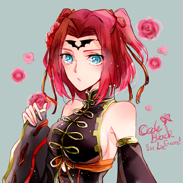 bare_shoulders blue_eyes breasts chinese_clothes code_geass detached_sleeves facial_mark flower forehead_mark hair_flower hair_ornament hair_ribbon high_collar ilohasvio kallen_stadtfeld large_breasts looking_at_viewer red_flower red_hair ribbon short_hair sideboob solo two_side_up