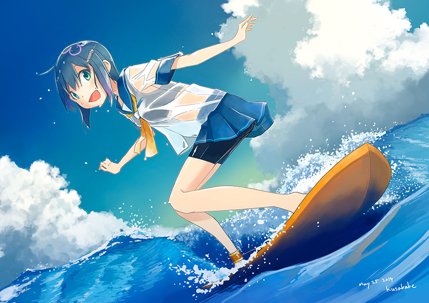 anklet artist_name barefoot bikini blue_hair blue_sky cloud commentary_request dated day hair_ornament hairclip jewelry kusakabe_(kusakabeworks) ocean original outdoors school_uniform see-through serafuku short_hair sky solo surfboard surfing swimsuit swimsuit_under_clothes water waves wet wet_clothes
