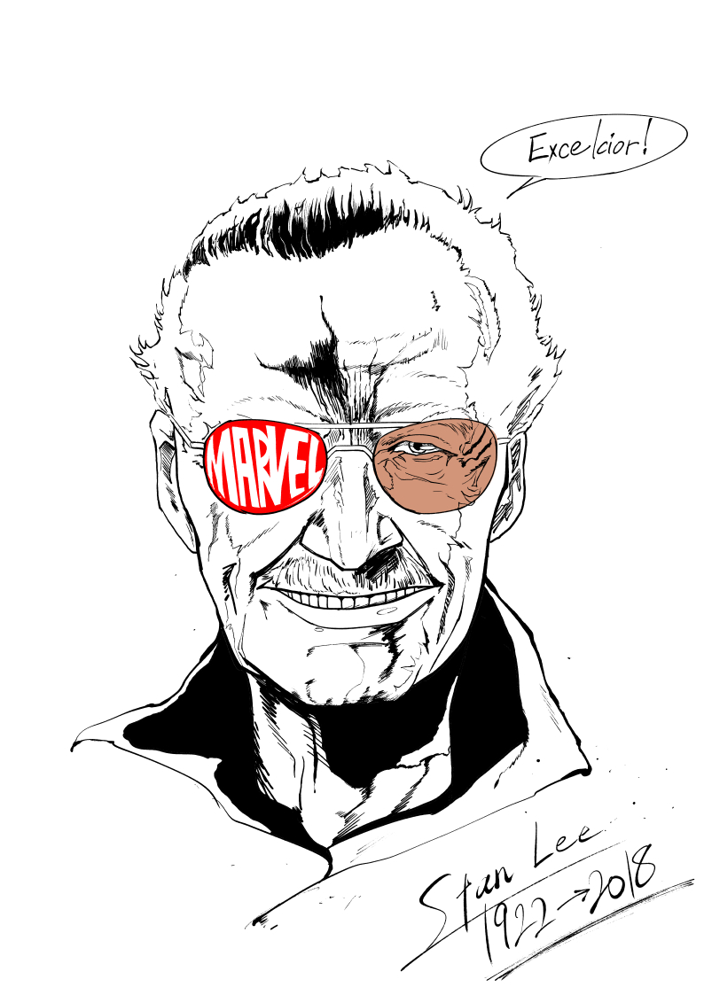 2018 character_name commentary_request company_name english facial_hair latin looking_at_viewer male_focus marvel mustache nanbaba short_hair smile speech_bubble spot_color stan_lee sunglasses