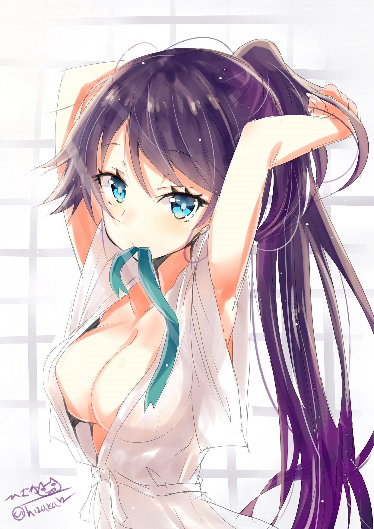 black_hair blue_eyes breasts closed_mouth commentary_request eyebrows_visible_through_hair hair_between_eyes highres hizaka houshou_(kantai_collection) japanese_clothes kantai_collection kimono large_breasts looking_at_viewer mouth_hold ponytail ribbon ribbon_in_mouth solo white_kimono