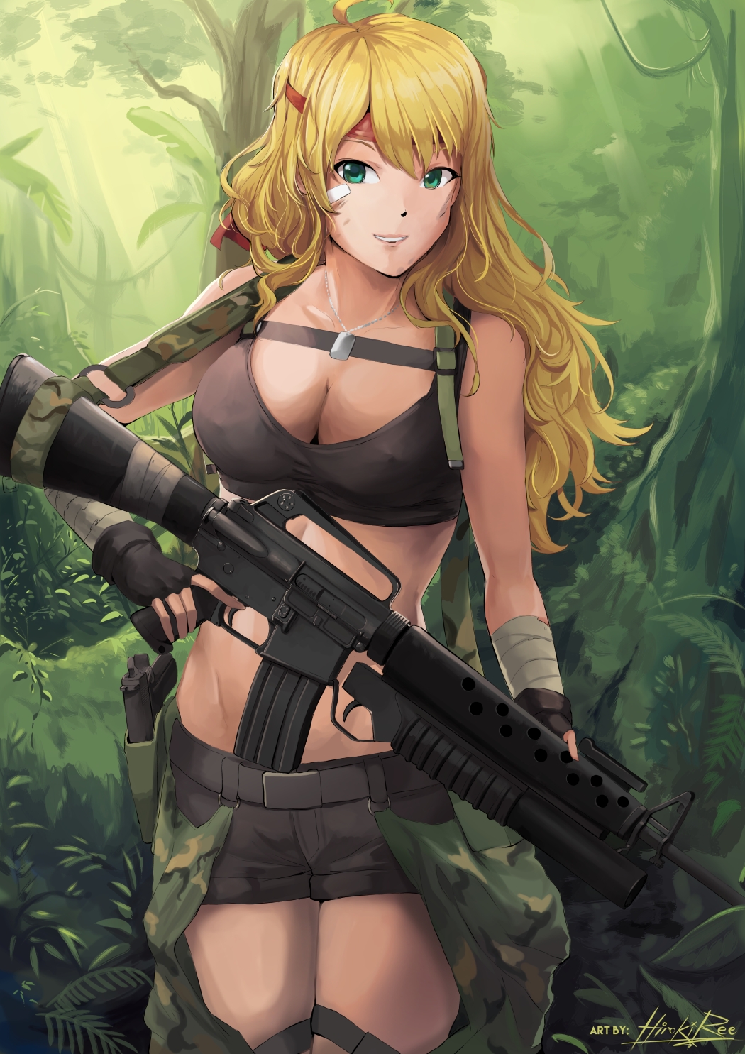 artist_name assault_rifle bandage_on_face bandaged_arm bandages bandana bangs bare_shoulders belt black_gloves black_shorts blonde_hair breasts camouflage cleavage covered_nipples cowboy_shot crop_top dirty_face dog_tags finger_on_trigger fingerless_gloves gloves green_eyes grenade_launcher groin gun handgun headband highres hiroki_ree holstered_weapon hoshii_miki idolmaster idolmaster_(classic) jungle long_hair looking_at_viewer m16a1 m1911 m203 medium_breasts midriff nature outdoors parted_lips plant rifle short_shorts shorts signature sleeveless sling smile solo teeth tree underbarrel_grenade_launcher weapon