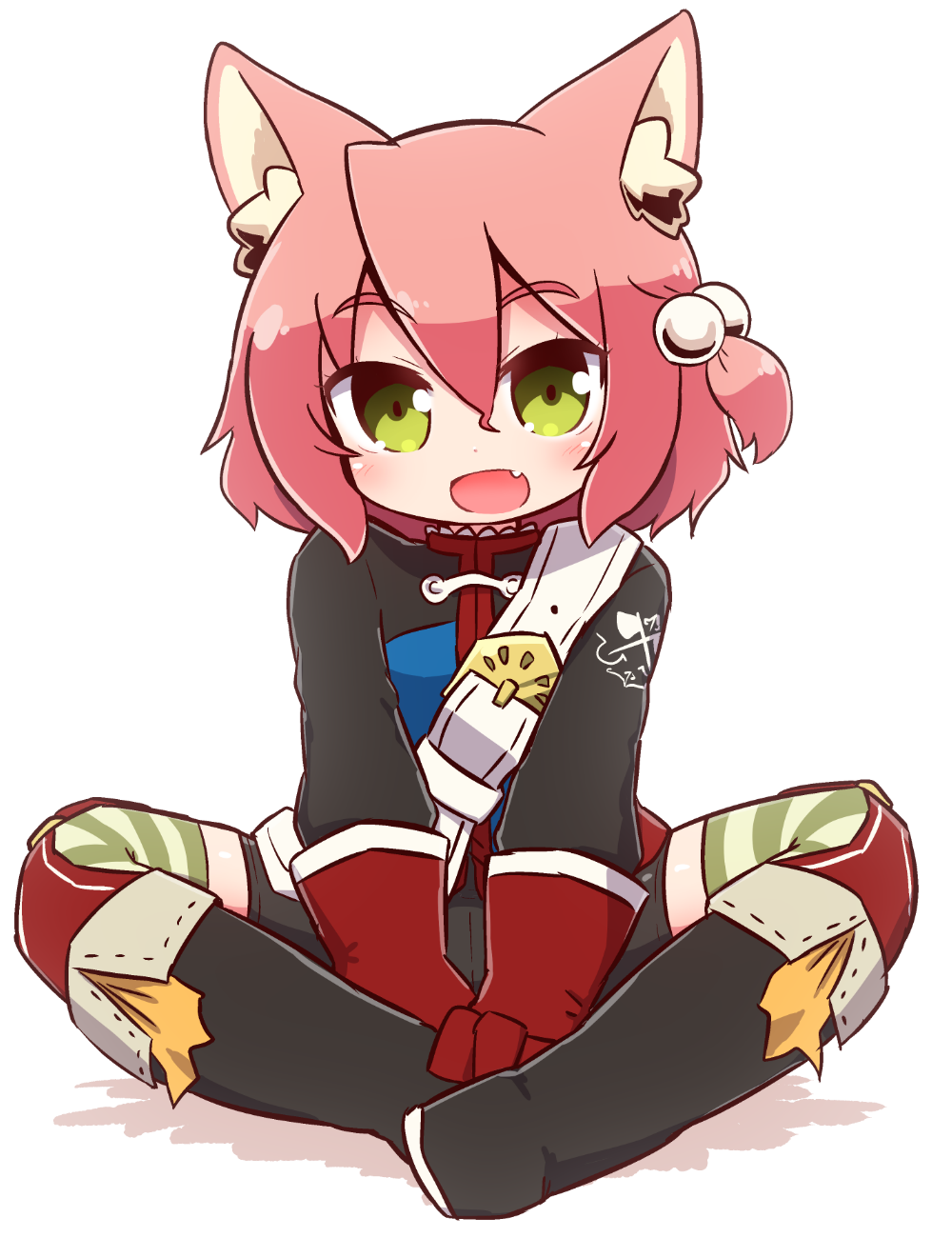 7th_dragon 7th_dragon_(series) :d animal_ear_fluff animal_ears belt belt_buckle black_footwear blue_jacket blush boots buckle cat_ears chibi commentary_request eyebrows_visible_through_hair fang full_body gloves green_eyes hair_bobbles hair_ornament harukara_(7th_dragon) head_tilt highres jacket knee_boots long_sleeves looking_at_viewer naga_u one_side_up open_mouth pink_hair red_gloves shadow sitting smile solo striped striped_legwear thighhighs thighhighs_under_boots white_background white_belt