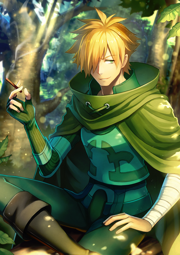 between_fingers boots cigarette cloak commentary_request cross-laced_clothes dappled_sunlight day eyebrows_visible_through_hair fate/extra fate/grand_order fate_(series) fingerless_gloves forest furrowed_eyebrows gloves green green_cloak green_eyes green_gloves green_pants hair_between_eyes hair_over_one_eye hand_on_own_thigh hand_up high_collar hitsugi_ya holding knee_boots leaf light_rays looking_at_viewer male_focus nature one_eye_covered orange_hair outdoors pants pants_tucked_in ribbed_gloves robin_hood_(fate) sanpaku sideways_glance single_eye sitting smile smoke smoking solo spiked_hair sunbeam sunlight tree