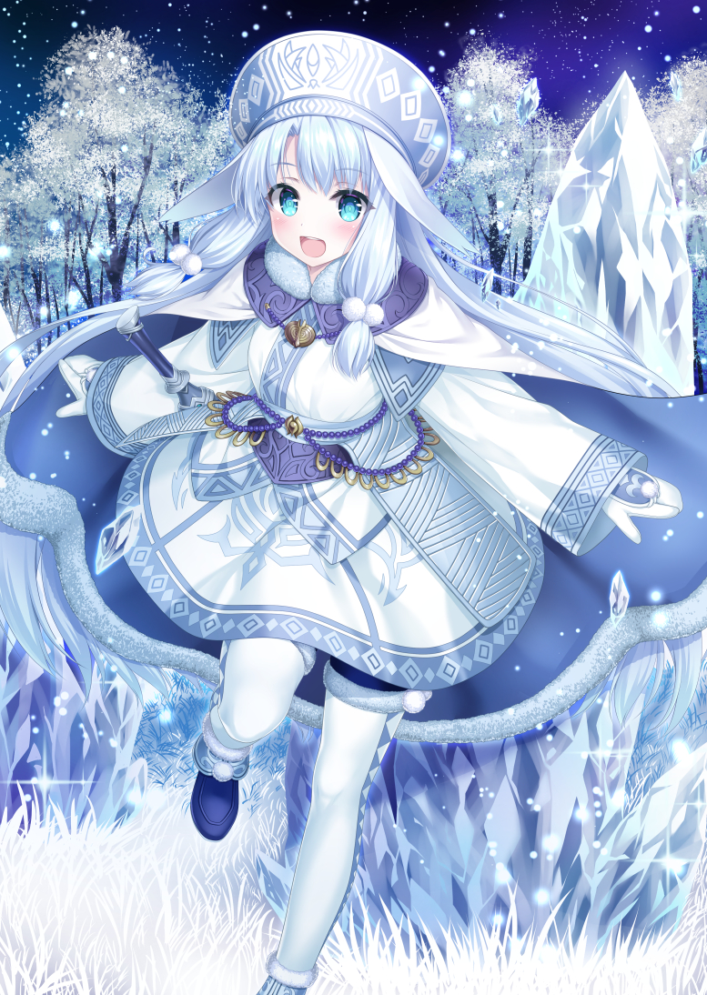 :d ainu_clothes bangs blue_eyes blush cape commentary fate/grand_order fate_(series) fushimi_(fukumi) grass hair_between_eyes hat ice illyasviel_von_einzbern long_hair looking_at_viewer mittens open_mouth outdoors silver_hair sitonai sky smile star_(sky) starry_sky very_long_hair white_legwear white_mittens wide_sleeves