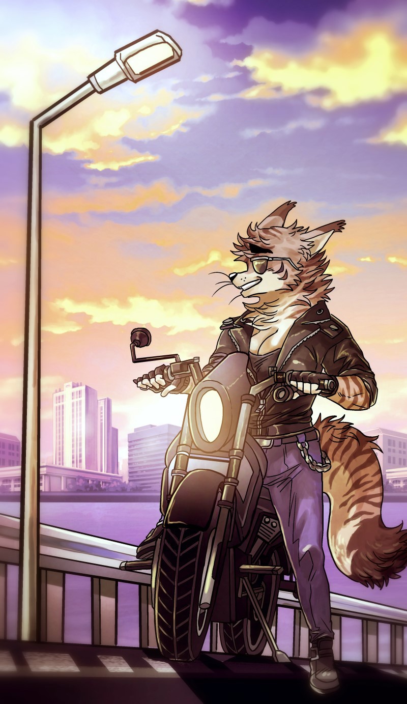 2018 5_fingers anthro biker biped black_nose boots breasts brown_fur brown_stripes brown_tail building cat chain city cityscape cleavage clothed clothing cloud countershade_face countershade_tail countershade_torso countershading digital_drawing_(artwork) digital_media_(artwork) dipstick_ears dipstick_tail ears_back eat_tuft erlook eyebrows feline female fence fingerless_gloves fluffy fluffy_tail footwear front_view full-length_portrait fully_clothed fur fur_tuft gloves harley_davidson head_tuft hi_res humanoid_hands inner_ear_fluff jacket jeans kemono korean leather leather_gloves leather_jacket lighting looking_aside looking_away maine_coon mammal motorcycle multicolored_fur multicolored_tail outside pants plantigrade portrait punk raised_leg riding ryonggay shadow sidewalk sky smile smiles snout solo street_lamp striped_fur striped_tail stripes sunlight sunset thick_eyebrows tomboy tuft two_tone_fur two_tone_tail vehicle water whisker_spots whiskers white_countershading white_fur white_tail