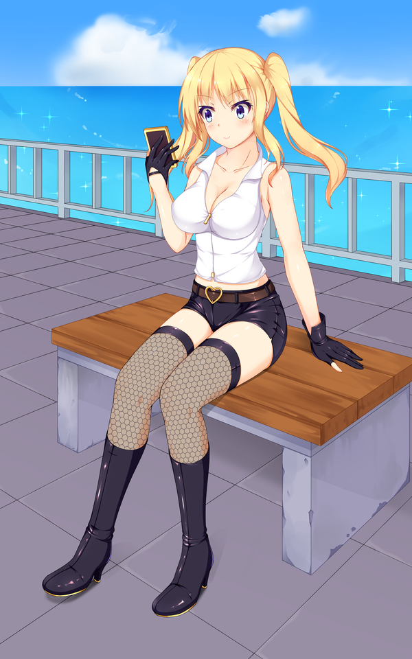 blonde_hair blue_eyes boots cellphone commentary_request enu_naitsu gloves ocean phone smartphone thigh_boots thighhighs twintails