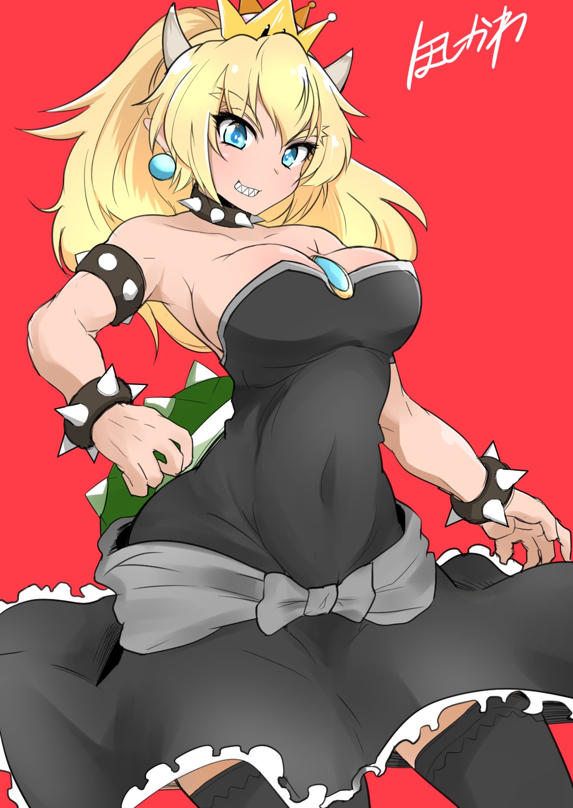 artist_name bangs between_breasts black_collar black_legwear blue_earrings borrowed_design bowsette bracelet breasts brooch cleavage collar commentary_request covered_navel crown dress eyebrows_visible_through_hair full_body grin highres horns hoshikawa_(hoshikawa_gusuku) jewelry large_breasts long_hair looking_at_viewer mario_(series) muscle muscular_female new_super_mario_bros._u_deluxe pointy_ears red_background sharp_teeth short_dress signature simple_background smile solo spiked_armlet spiked_bracelet spiked_collar spiked_shell spikes standing strapless strapless_dress super_crown super_mario_bros. teeth thighhighs turtle_shell v-shaped_eyebrows