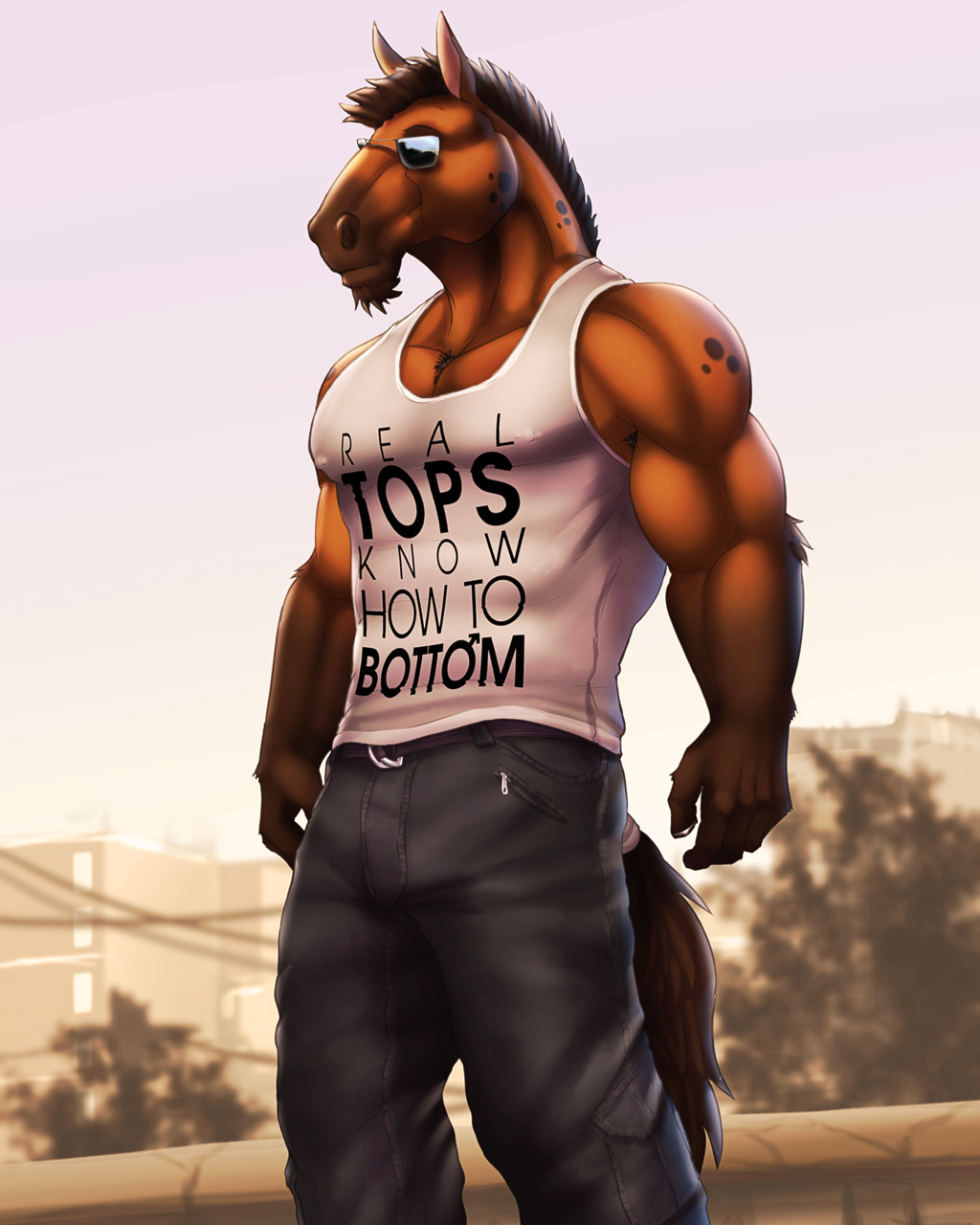 anthro belt clothed clothing day dream_and_nightmare equine eyewear glasses horse male mammal muscular muscular_male officer_munroe pants shirt solo sunglasses tank_top text