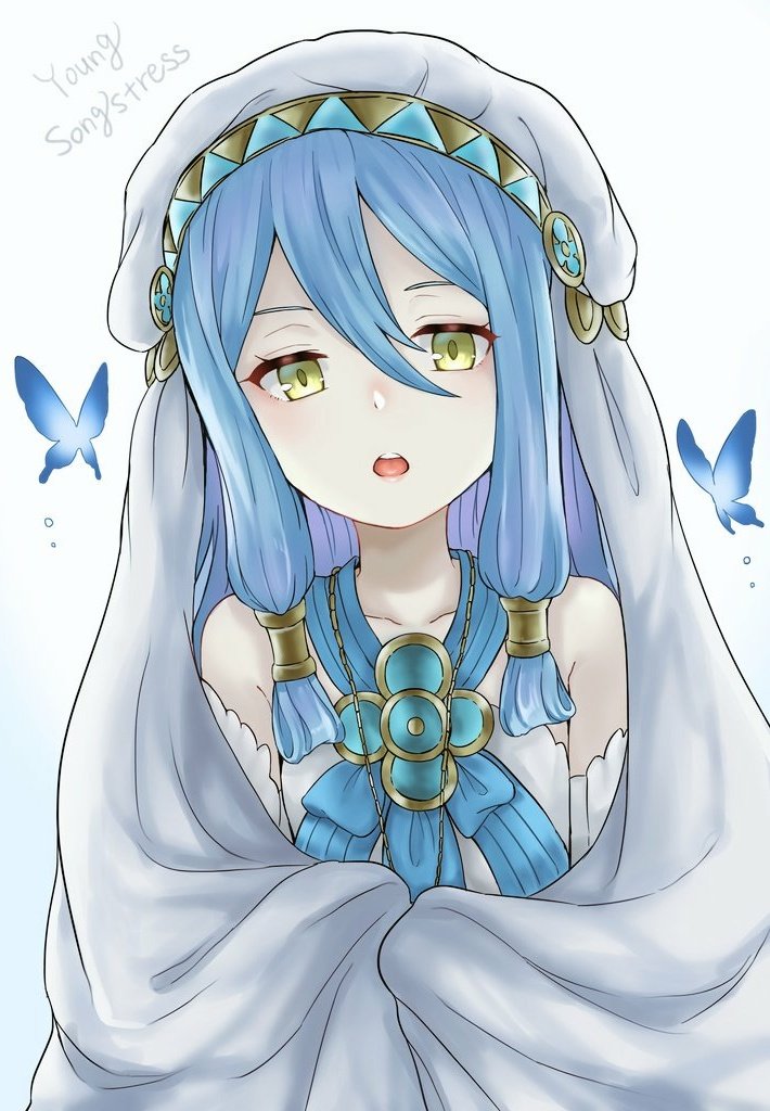 akina_(akn_646) aqua_(fire_emblem_if) aqua_hair bug butterfly commentary fire_emblem fire_emblem_heroes fire_emblem_if hair_between_eyes insect long_hair open_mouth sidelocks simple_background solo upper_body veil white_background yellow_eyes younger