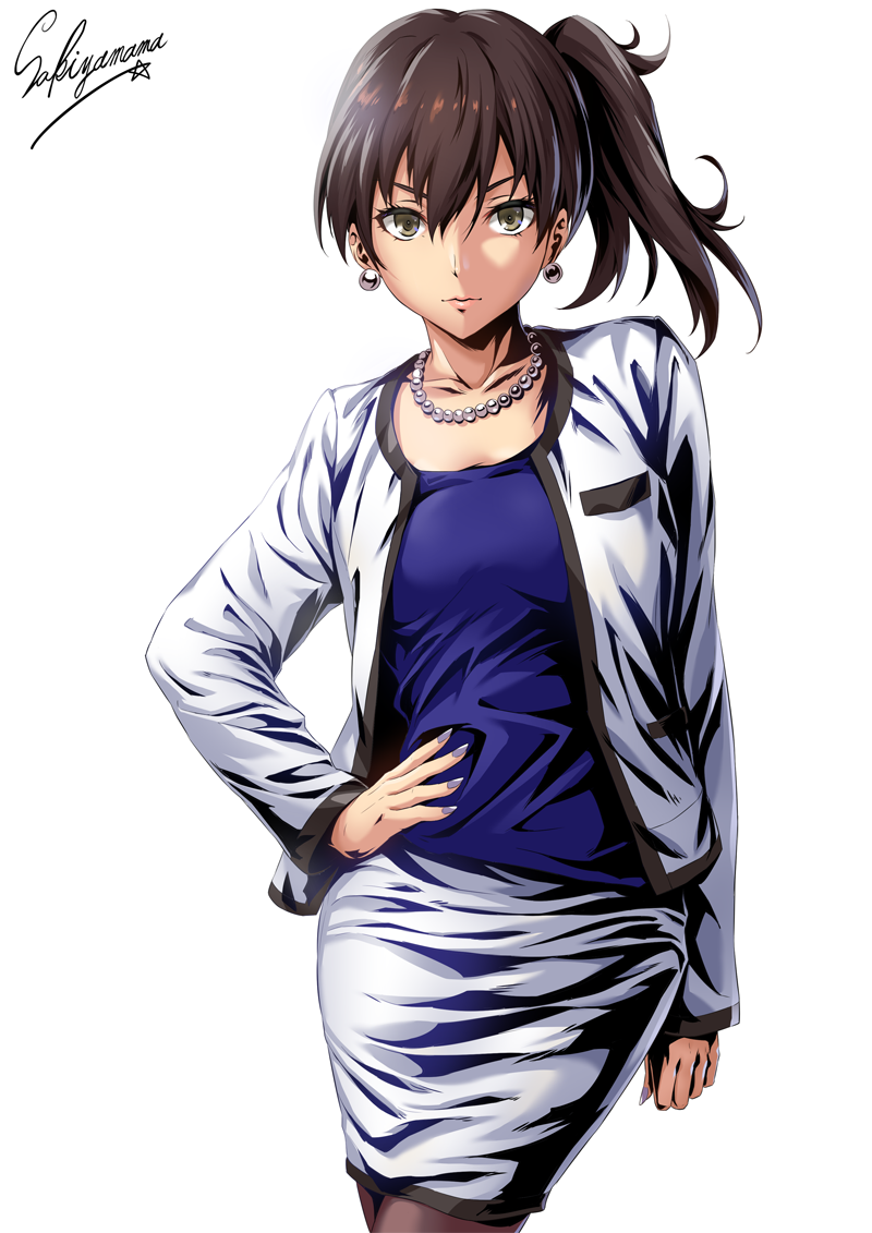alternate_costume blouse breast_pocket breasts brown_eyes brown_hair closed_mouth collarbone earrings expressionless fingernails hair_between_eyes hand_on_hip jacket jewelry kaga_(kantai_collection) kantai_collection long_hair long_sleeves looking_at_viewer medium_breasts nail_polish necklace pantyhose pearl_necklace pencil_skirt pocket purple_blouse purple_nails sakiyamama side_ponytail simple_background skirt solo twitter_username white_background white_jacket white_skirt