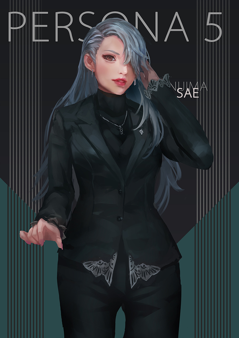 artist_request breasts brown_eyes earrings formal grey_hair jewelry long_hair looking_at_viewer nail_polish niijima_sae persona persona_5 red_eyes simple_background solo