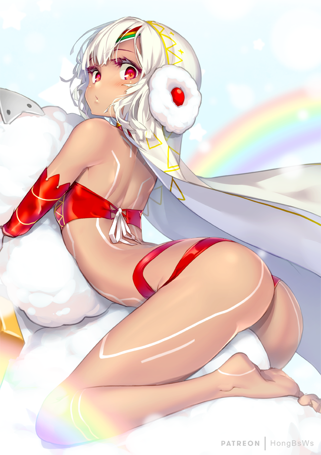 altera_(fate) altera_the_santa arched_back ass back bangs bare_legs bare_shoulders barefoot blush closed_mouth commentary_request dark_skin detached_sleeves earmuffs eyebrows_visible_through_hair fate/grand_order fate_(series) hong_(white_spider) looking_at_viewer looking_to_the_side patreon_username red_eyes sheep short_hair solo veil white_hair