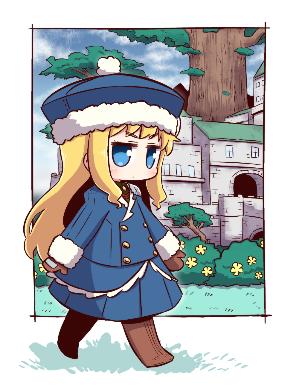 bangs blonde_hair blue_eyes blue_hat blue_jacket blue_skirt blue_sky blush boots brown_footwear brown_mittens building bush chibi closed_mouth cloud cloudy_sky collared_shirt commentary_request day eyebrows_visible_through_hair flower fur-trimmed_hat fur-trimmed_sleeves fur_trim green_shirt gunner hat highres jacket juliet_sleeves knee_boots long_hair long_sleeves looking_away mittens naga_u pleated_skirt puffy_sleeves sekaiju_no_meikyuu sekaiju_no_meikyuu_2 shirt skirt sky solo standing tree v-shaped_eyebrows very_long_hair white_background yellow_flower