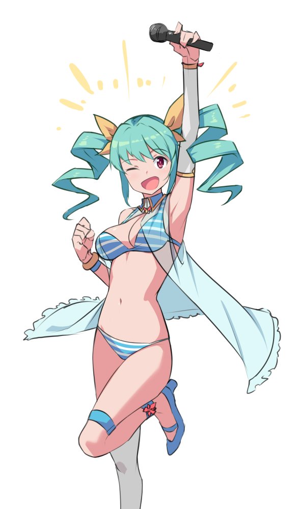 ;d aqua_hair arm_up armpits bikini blue_footwear breasts clenched_hand commentary detached_sleeves drill_hair eyebrows_visible_through_hair hair_ornament high_heels long_hair looking_at_viewer medium_breasts microphone navel official_art one_eye_closed open_mouth rabi-ribi red_eyes ribbon saiste seana_(rabi_ribi) see-through shoes simple_background single_detached_sleeve single_thighhigh smile solo standing standing_on_one_leg stomach striped striped_bikini swimsuit thighhighs twin_drills twintails white_background white_legwear yellow_ribbon
