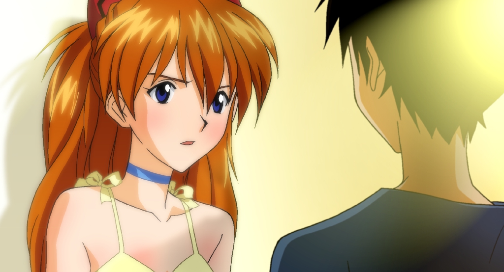 blue_eyes blush dress female girlfriend_of_steel hair_between_eyes ikari_shinji long_hair neon_genesis_evangelion neon_genesis_evangelion:_iron_maiden soryu_asuka_langley twintails