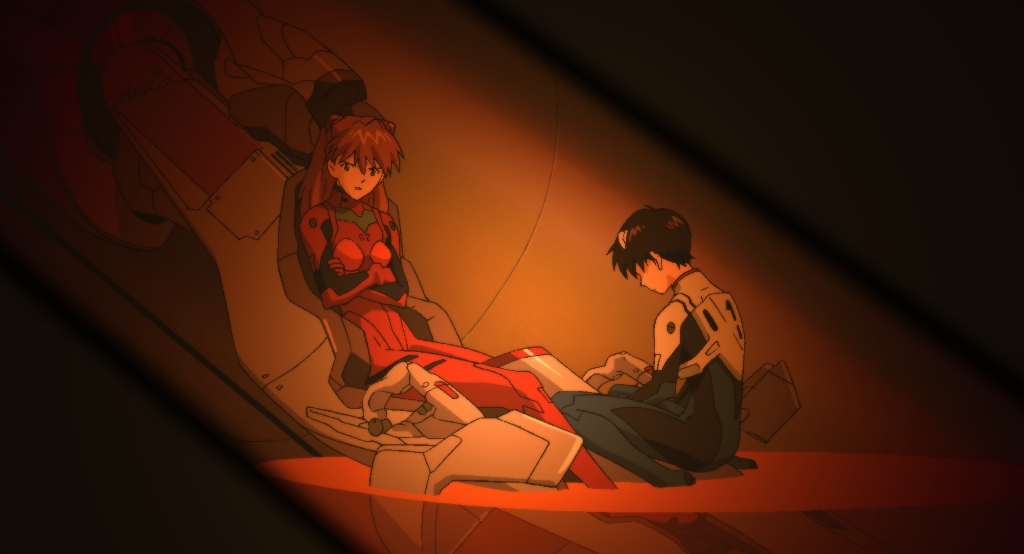 1boy 1girl breasts game_cg girlfriend_of_steel hair_between_eyes hair_ornament ikari_shinji long_hair neon_genesis_evangelion neon_genesis_evangelion:_iron_maiden plugsuit short_hair sitting soryu_asuka_langley twintails