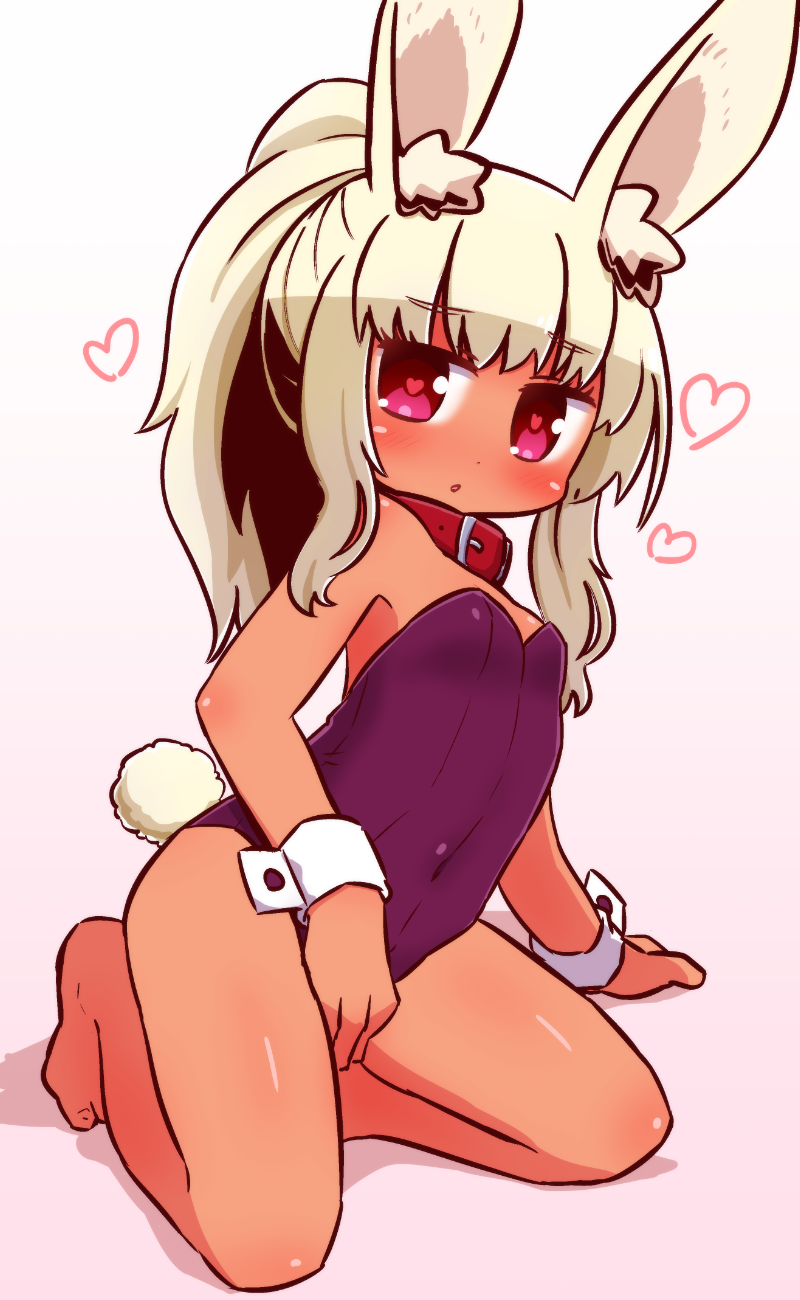 :o animal_ear_fluff animal_ears arm_support bare_legs bare_shoulders barefoot belt_collar blonde_hair blush breasts bunny_ears bunny_girl bunny_tail bunnysuit commentary_request full_body gradient gradient_background heart heart-shaped_pupils highres leotard long_hair looking_at_viewer naga_u original parted_lips pink_background purple_leotard red_collar red_eyes shadow sidelocks small_breasts solo strapless strapless_leotard symbol-shaped_pupils tail tan white_background wrist_cuffs