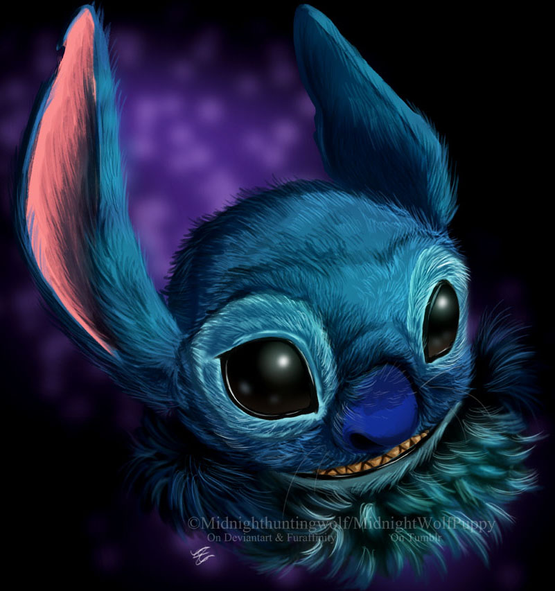 2016 abstract_background alien black_eyes black_lips blue_fur blue_nose digital_drawing_(artwork) digital_media_(artwork) disney experiment_(species) fluffy fur lilo_and_stitch midnighthuntingwolf notched_ear purple_background realistic simple_background smile solo stitch watermark whiskers