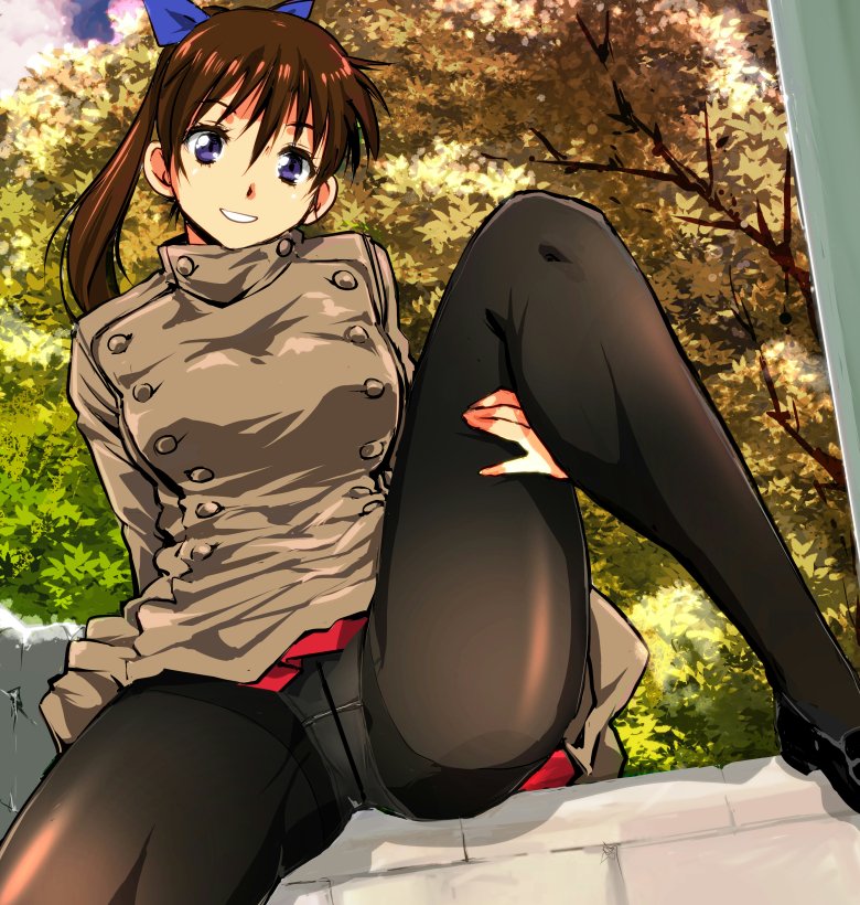 bangs black_footwear black_legwear blue_ribbon brown_hair brown_jacket commentary_request crotch_seam double-breasted jacket leg_up loafers looking_at_viewer open_mouth original outdoors panties panties_under_pantyhose pantyhose ponytail purple_eyes red_skirt ribbon shoes sitting skirt smile solo spread_legs thighband_pantyhose tree underwear upskirt yuya