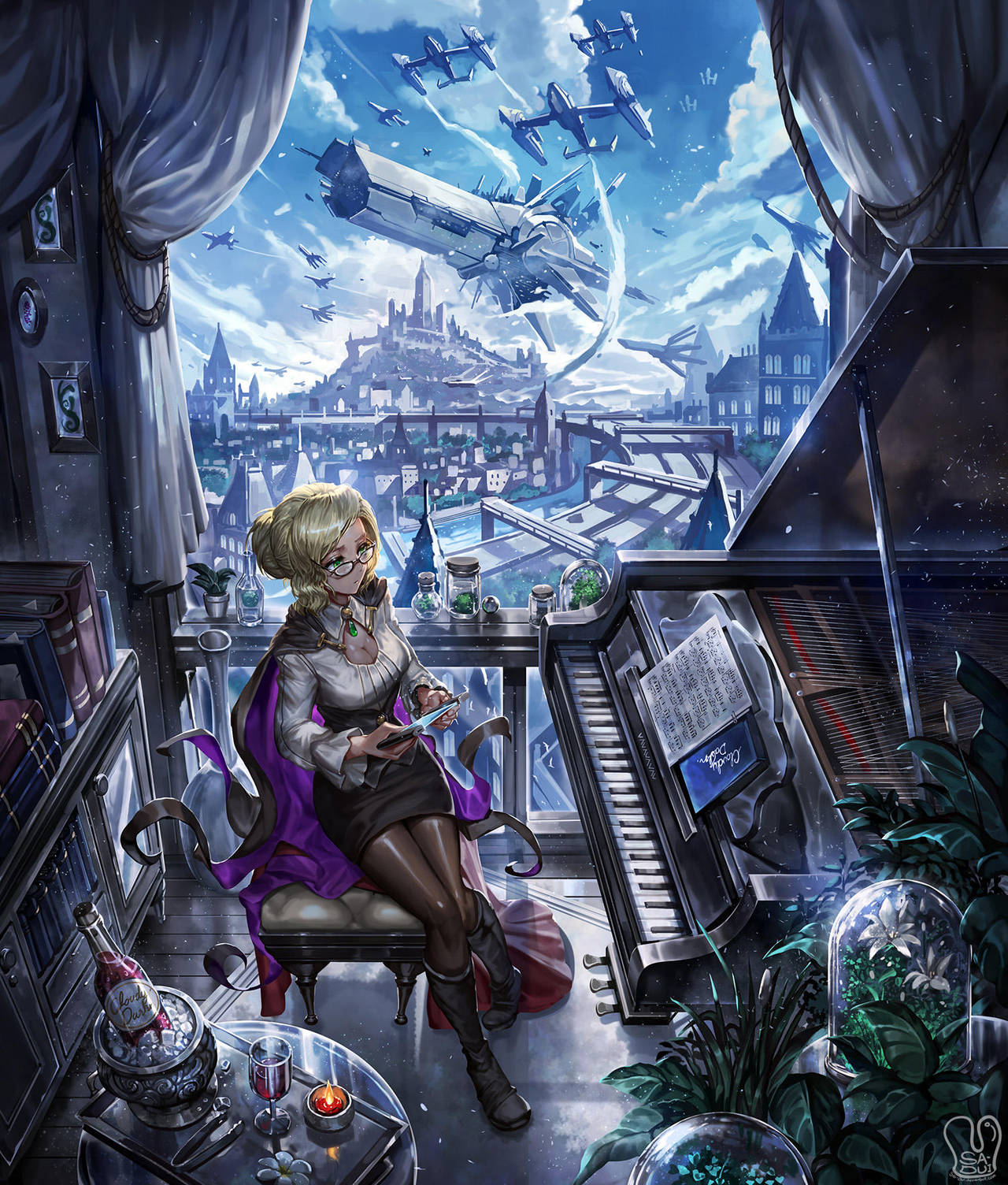 aircraft airship blonde_hair book boots bottle breasts cabinet candle cape city cleavage commentary commission cup curtains drinking_glass flower glasses glynda_goodwitch green_eyes hair_bun highres instrument pantyhose piano river rwby sa-dui sitting solo vase window wine_bottle wine_glass
