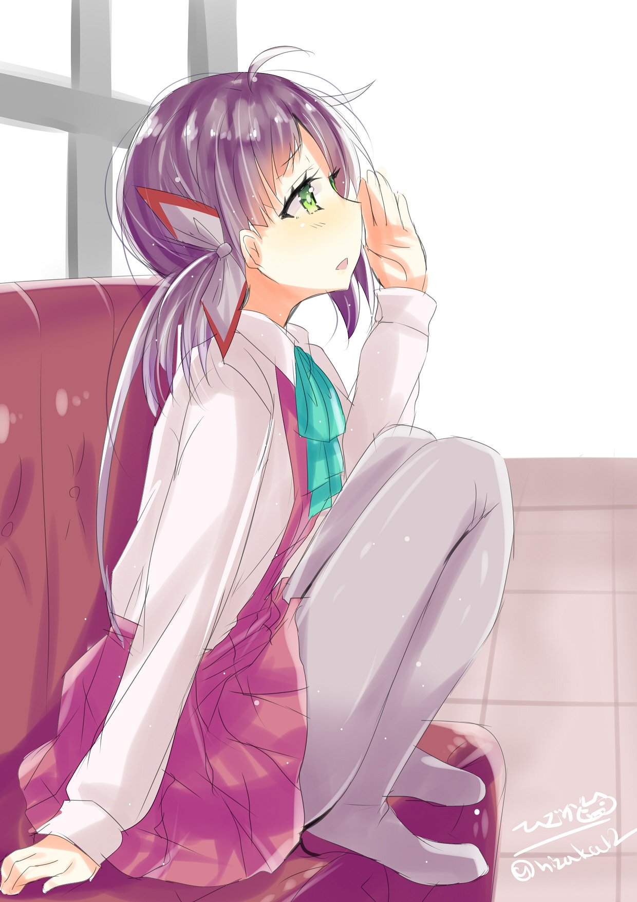 bow bowtie commentary_request couch dress fujinami_(kantai_collection) full_body green_eyes grey_legwear hair_ribbon highres hizaka kantai_collection long_hair long_sleeves no_shoes open_mouth pantyhose purple_hair ribbon school_uniform shirt side_ponytail sitting sleeveless sleeveless_dress solo white_ribbon white_shirt window