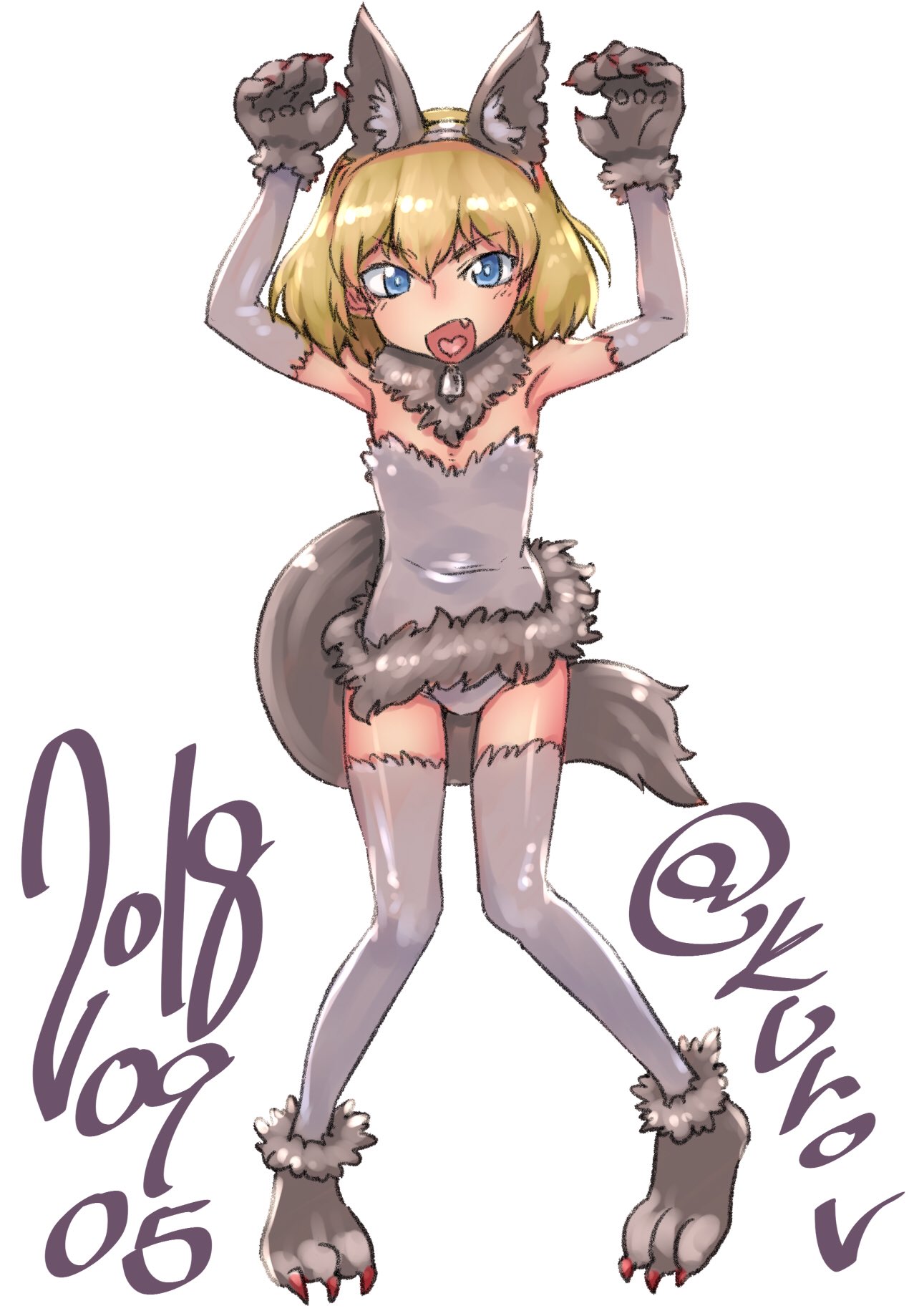 abaratani_kurou alternate_costume animal_costume animal_ears arms_up bangs bell bell_collar claw_pose collar commentary_request dated elbow_gloves eyebrows_visible_through_hair fake_animal_ears fang full_body fur-trimmed_leotard fur_collar fur_trim girls_und_panzer gloves grey_footwear grey_gloves grey_legwear grey_leotard halloween_costume highres katyusha leotard looking_at_viewer open_mouth partial_commentary paw_gloves paw_shoes paws shoes short_hair simple_background smirk solo standing strapless strapless_leotard tail thighhighs twitter_username v-shaped_eyebrows werewolf white_background wolf_costume wolf_ears wolf_tail