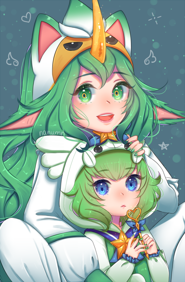 alternate_costume alternate_eye_color alternate_hair_color alternate_hairstyle animal_hood artist_name blue_background blue_eyes breasts gloves green_eyes green_hair green_nails hood horn league_of_legends long_hair looking_at_viewer lulu_(league_of_legends) magical_girl multiple_girls nail_polish nanumn pajamas pointy_ears sitting smile soraka star_guardian_lulu star_guardian_soraka very_long_hair wand yordle