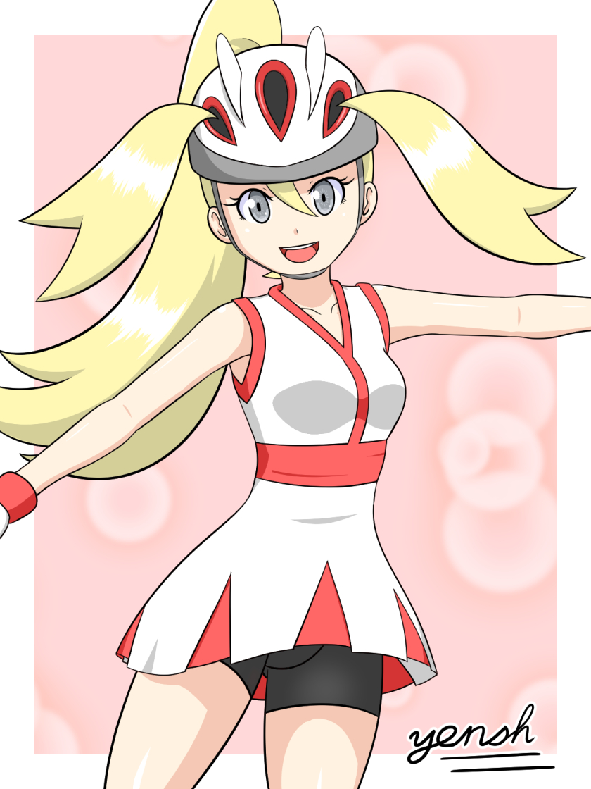 commentary_request eyelashes grey_eyes helmet koruni_(pokemon) pokemon pokemon_(game) pokemon_xy shorts shorts_under_skirt skirt yensh