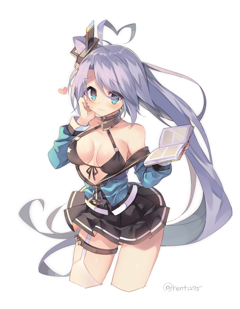 ahoge azur_lane bangs bare_shoulders between_breasts blue_eyes blush breasts cleavage commentary_request cropped_legs eyebrows_visible_through_hair garter_straps heart heart-shaped_pupils heart_ahoge large_breasts long_hair looking_at_viewer portland_(azur_lane) rento_(rukeai) side_ponytail skirt smile symbol-shaped_pupils very_long_hair