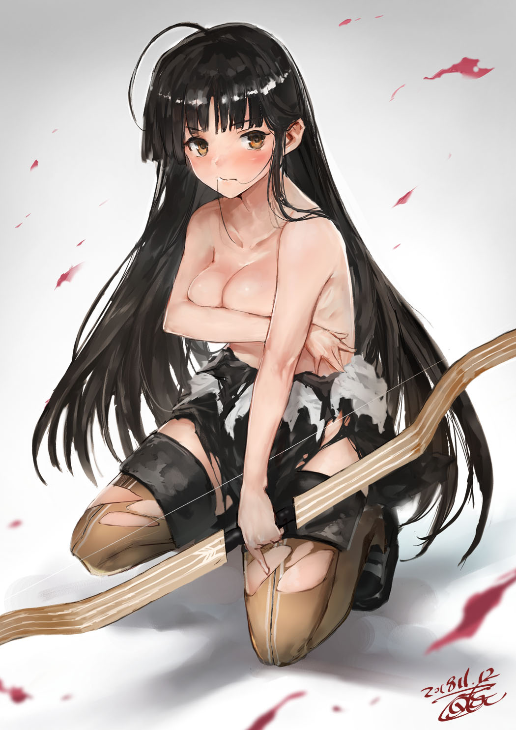 ahoge black_hair black_skirt blush bow_(weapon) breast_hold breasts brown_eyes closed_mouth commentary_request covering covering_breasts eyebrows_visible_through_hair full_body gradient gradient_background hachimaki hair_in_mouth headband highres japanese_clothes kantai_collection large_breasts long_hair looking_at_viewer pleated_skirt shadow shouhou_(kantai_collection) skirt toka_(marchlizard) torn_clothes torn_legwear weapon