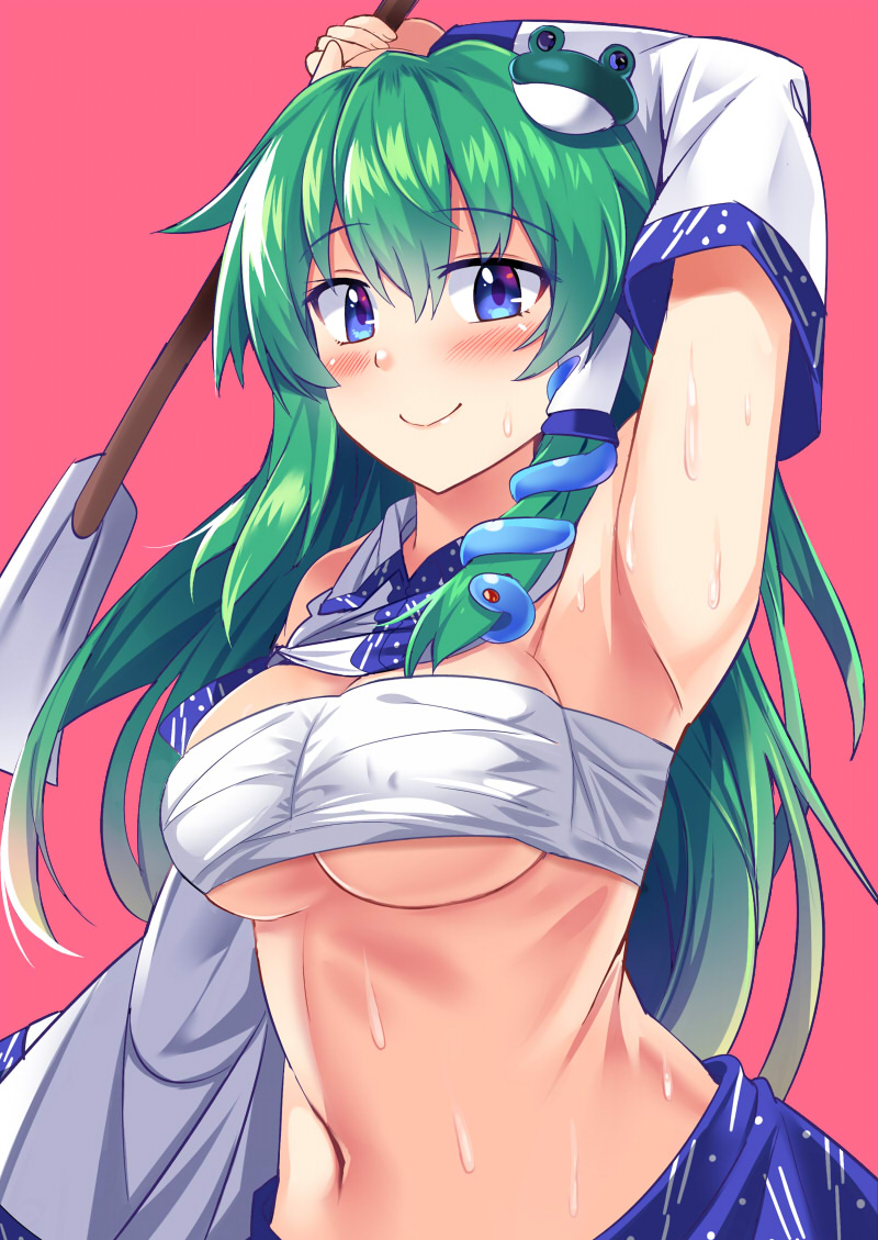 arm_up armpits bandages bangs bare_shoulders blue_eyes blue_skirt blush breasts commentary detached_sleeves e.o. eyebrows_visible_through_hair frog_hair_ornament gohei green_hair hair_between_eyes hair_ornament hair_tubes holding kochiya_sanae long_hair long_sleeves looking_at_viewer medium_breasts navel pink_background sarashi shirt_lift sidelocks simple_background skirt smile snake_hair_ornament solo stomach sweat touhou underboob upper_body wide_sleeves