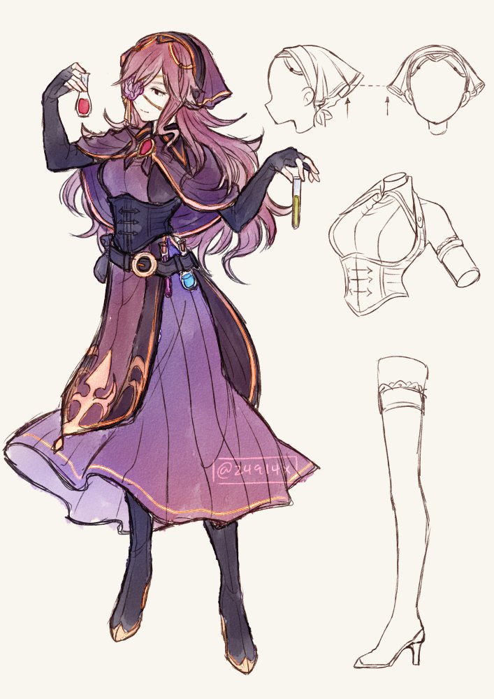 boots breasts capelet closed_mouth commentary concept_art dress elbow_gauntlets eyepatch fingerless_gloves flower flower_eyepatch gem gloves high_heel_boots high_heels jewelry light_smile long_hair medium_breasts original potion purple_dress purple_flower purple_hair red_eyes ribbon simple_background single_eye smile solo test_tube twitter_username veil white_background xin_(24914) yellow_ribbon