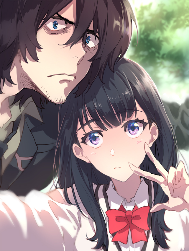 1girl bangs black_hair black_neckwear black_suit blue_eyes bow bowtie closed_mouth commentary_request facial_hair formal geiyajin hair_between_eyes hand_gesture long_hair long_sleeves necktie outdoors outstretched_arm reaching_out red_neckwear samurai_calibur school_uniform self_shot ssss.gridman stubble suit sweater takarada_rikka tree w white_sweater