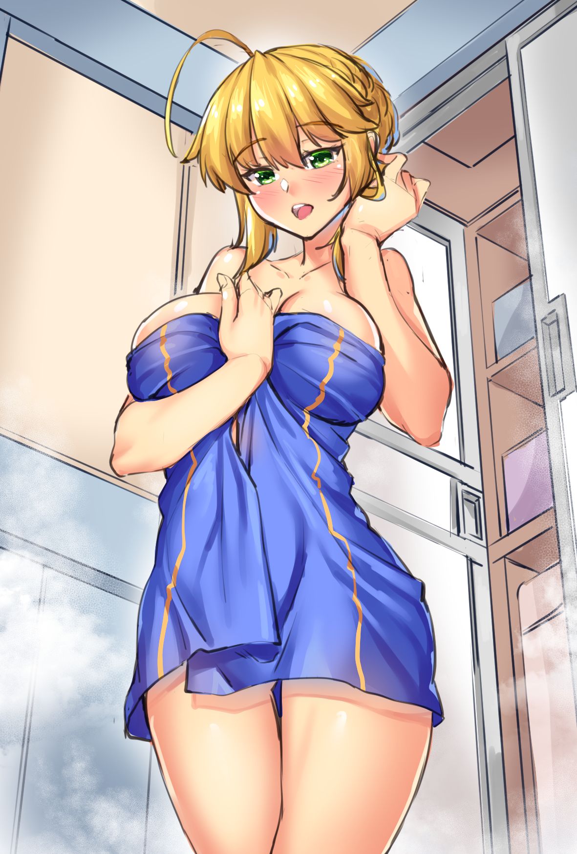 ahoge artoria_pendragon_(all) artoria_pendragon_(lancer) ass_visible_through_thighs bangs bare_arms bare_legs bare_shoulders bathroom blonde_hair blush breasts collarbone commentary_request covering cowboy_shot eyebrows_visible_through_hair fate/grand_order fate_(series) from_below green_eyes hair_between_eyes highres impossible_towel indoors large_breasts long_hair looking_at_viewer naked_towel nude_cover open_mouth shirokuma_a shower_(place) sidelocks sketch solo standing steam swept_bangs thighs towel