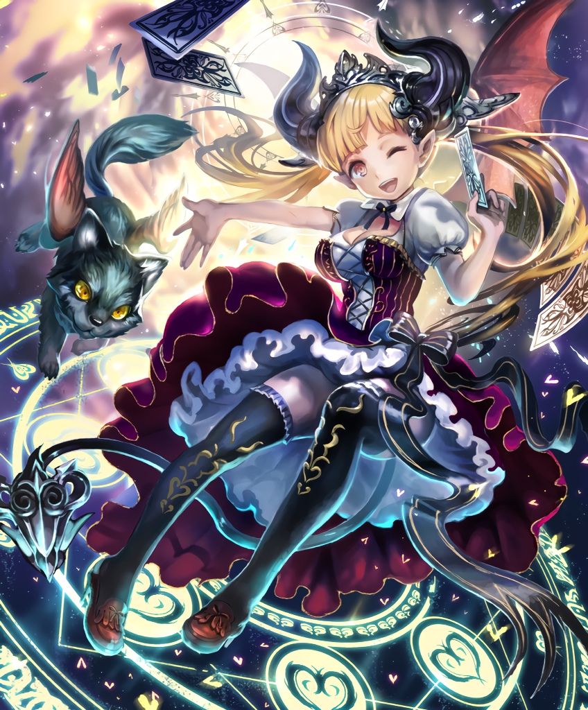 :d artist_request blonde_hair breasts bustier card cygames demon_girl demon_horns demon_tail demon_wings diadem dog dress frills gremory_(shadowverse) horns large_breasts long_hair magic_circle official_art one_eye_closed open_mouth pointy_ears puffy_sleeves ribbon shadowverse smile tail thighhighs twintails wings yellow_eyes