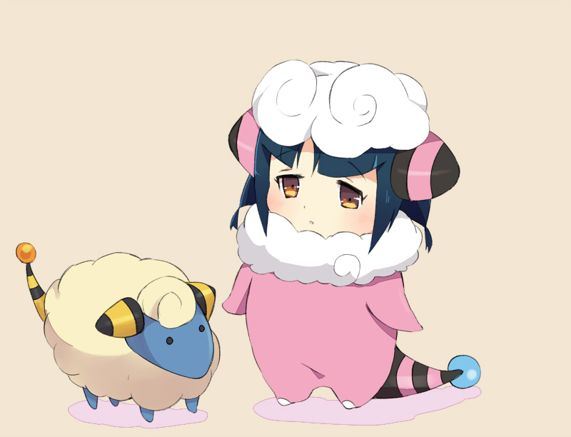 bangs blunt_bangs blush brown_eyes child commentary_request cosplay costume crossover flaaffy flaaffy_(cosplay) full_body gen_2_pokemon mareep miyata_(lhr) pokemon pokemon_(creature) queen_tia rockman ryuusei_no_rockman ryuusei_no_rockman_3 sheep tail younger