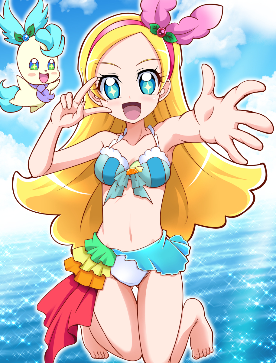 :d bangs barefoot bikini blonde_hair blue_bikini blue_eyes blue_sky breasts cleavage collarbone day floating_hair front-tie_bikini front-tie_top full_body hair_ornament hairband hanzou highres kirahoshi_ciel kirakira_precure_a_la_mode long_hair looking_at_viewer medium_breasts navel ocean open_mouth outdoors outstretched_arm parted_bangs pikario_(precure) pink_hairband precure shiny shiny_hair sky smile solo sparkle striped_bikini_top swimsuit symbol-shaped_pupils v_over_eye very_long_hair white_bikini_bottom
