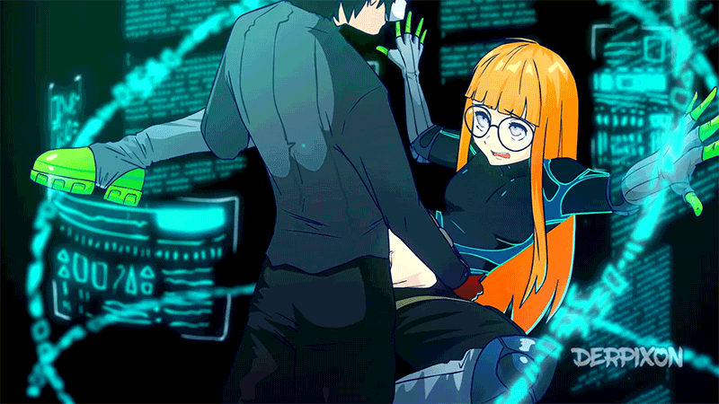 1girl ahoge amamiya_ren animated animated_gif artist_name black_hair bodysuit bouncing_breasts breasts clothed_sex commentary crotch_cutout derpixon glasses hetero holographic_interface long_hair looking_at_another mask orange_hair penis persona persona_5 pussy sakura_futaba sex small_breasts spread_legs uncensored vaginal