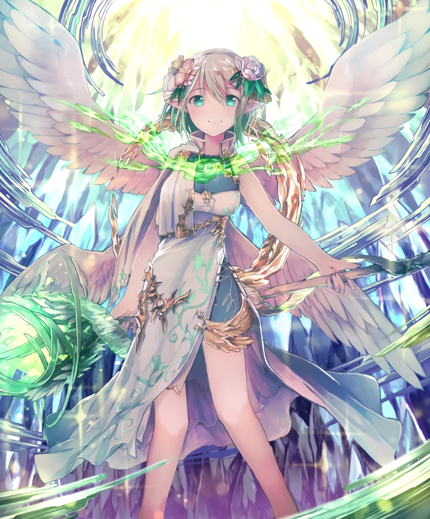 :d angel_wings aqua_eyes artist_request blonde_hair cygames dress eyebrows_visible_through_hair flower gold gold_trim green_hair hair_flower hair_ornament holding holding_staff miriam_(shadowverse) multicolored_hair multiple_wings open_mouth pointy_ears shadowverse shingeki_no_bahamut short_hair smile staff wings