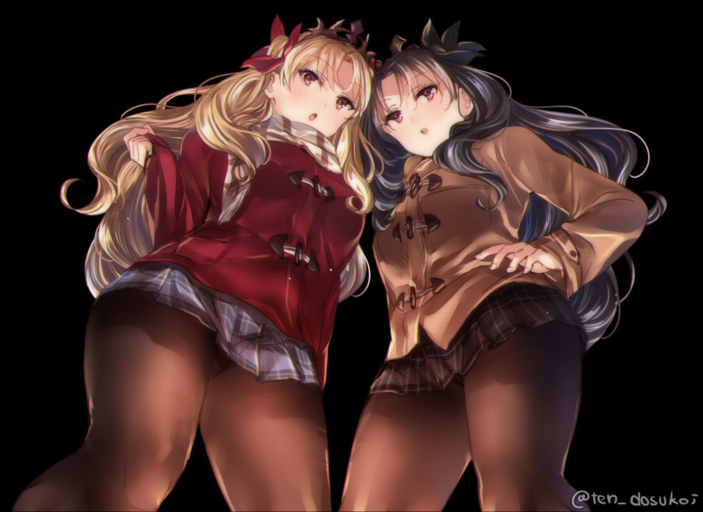 black_background black_bow black_hair black_legwear blonde_hair blush bow breasts brown_jacket coat commentary_request ereshkigal_(fate/grand_order) eyebrows_visible_through_hair fate/grand_order fate_(series) hair_between_eyes hair_bow ishtar_(fate/grand_order) jacket juurouta large_breasts long_sleeves looking_at_viewer looking_down miniskirt multiple_girls open_mouth pantyhose plaid plaid_skirt red_bow red_eyes red_jacket scarf simple_background skirt striped striped_scarf twitter_username winter_clothes